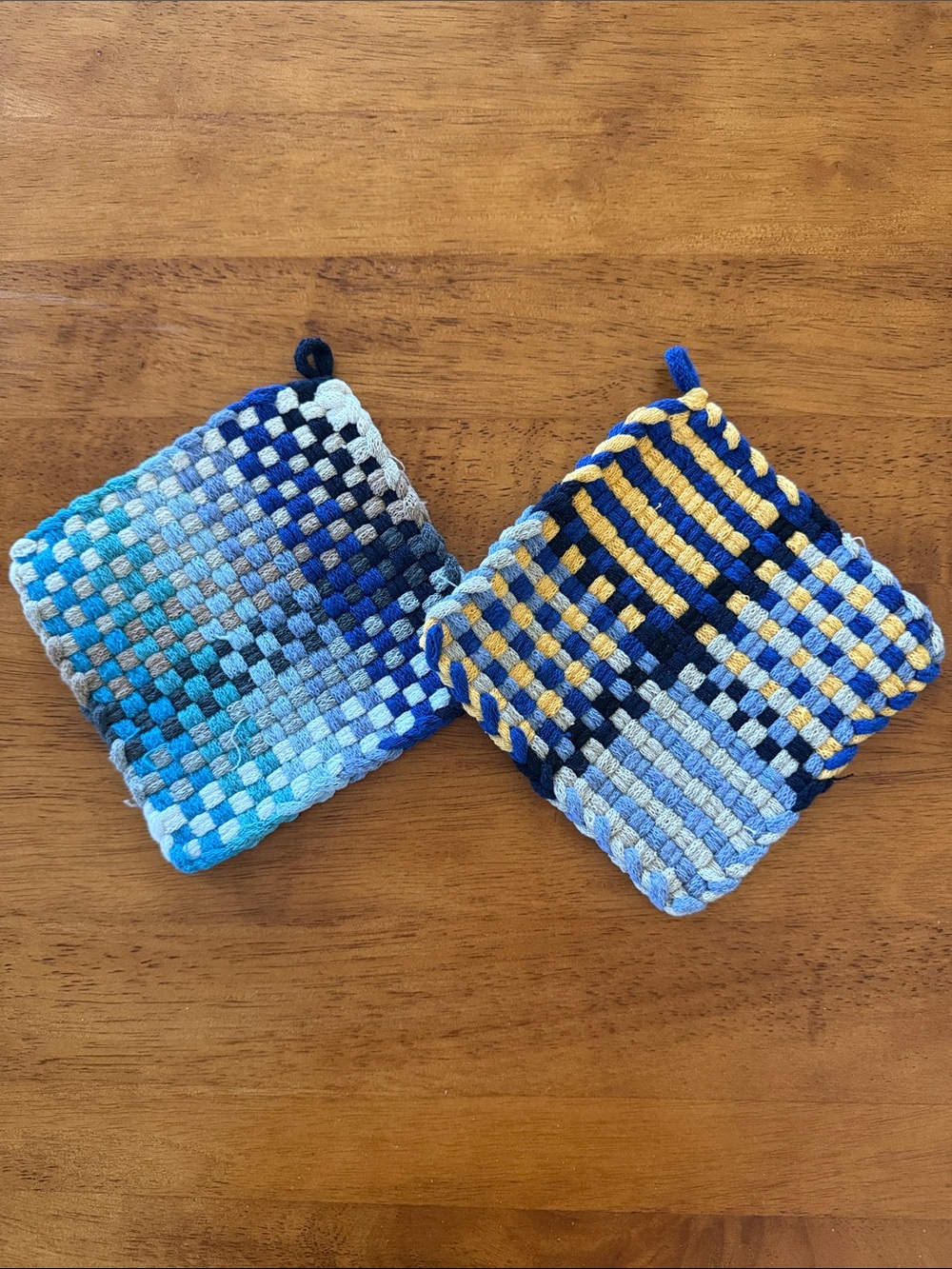 Handwoven Blue & Yellow Cotton Pot Holders - Home Accents